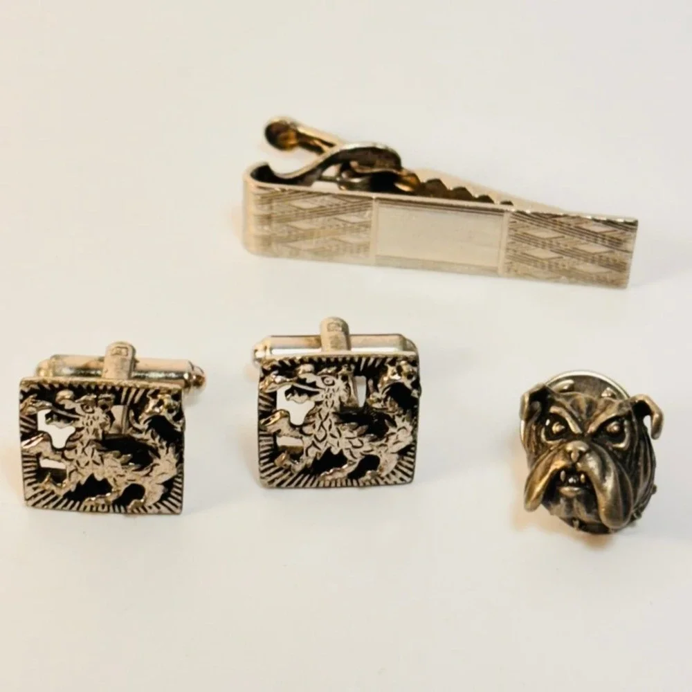 Vintage Griffin Cufflinks Bulldog Pin Tie Clip Set Silver Tone‎ Dark Academia